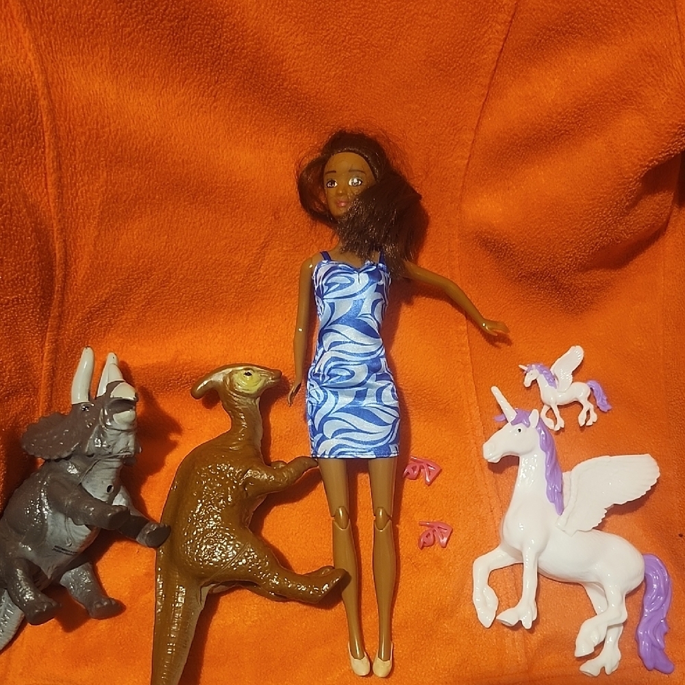 Blue and White Patterned Doll with Dinosaurs and Unicorns